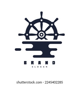 Ship boat steering logo design with ocean wave vector template