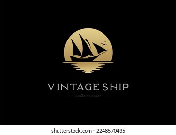 ship boat sunset silhouette logo design template | vector graphic illustration