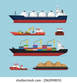 Ship Boat Transportation Marine Logistics Vector Illustration Set