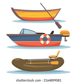 Ship and boat types vector cartoon set isolated on a white background.