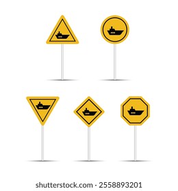 Ship and boat warning and caution sign isolated on a white background. Ship icon with multiple shapes. Warning, caution, and danger traffic sign for dock. Shipyard billboard design.