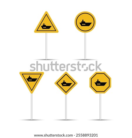 Ship and boat warning and caution sign isolated on a white background. Ship icon with multiple shapes. Warning, caution, and danger traffic sign for dock. Shipyard billboard design.