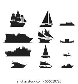 Ship and boats silhouette vector.