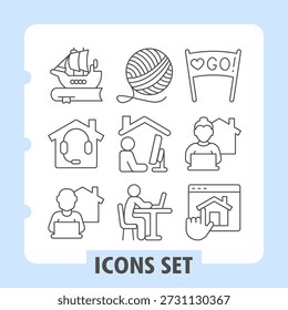 Enviar y reservar, Asistencia para el hogar, freelancer conjunto de iconos simples que representan viajes, hogar y elementos de estilo de vida en estilo de contorno para App e imprimir sobre fondo blanco. Conjunto de nueve iconos de línea delgada
