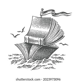 Ship and books, school, education and library. Hand drawn engraving style vector illustration.