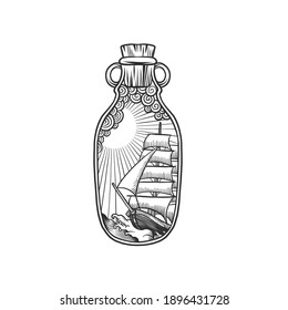 The Ship In A Bottle. Can Be Used As A Sketch Of A Tattoo.