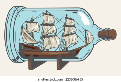 Ship in bottle colorful label miniature sailing sea vessel in glass container desktop souvenir in vintage style vector illustration