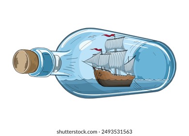 Ship in bottle, colorful miniature sailing sea vessel