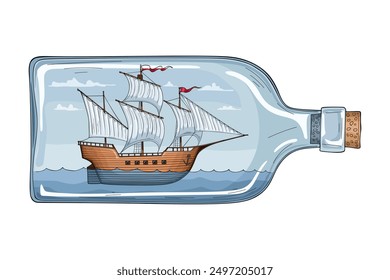 Ship in bottle, colorful miniature sailing sea vessel