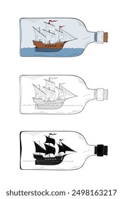 Ship in bottle, colorful miniature sailing sea vessel