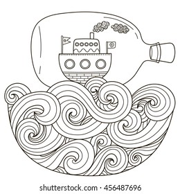 Ship in bottle floating on the wavy sea for coloring page. Black and white fantasy art in zentangle style. Vector illustration