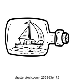 Ship in a bottle hand drawn doodle. Sailing boat. Sailboat. Souvenir from a sea voyage. Toy model under glass. Adventure, travel. Vector line art illustration.