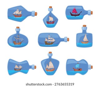 Ship in bottle. Mini figure of old style wooden ship for pirates exact vector sailor boats in transparent bottle