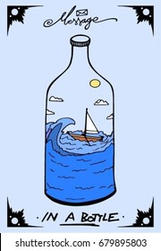 Ship in a bottle. Ocean wave with sailing boat captured i a bottle. 