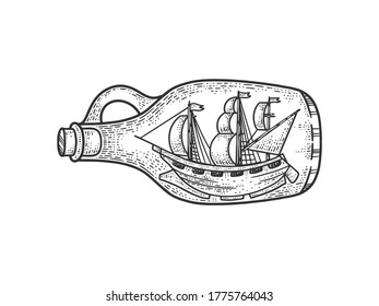 ship in bottle sketch engraving vector illustration. T-shirt apparel print design. Scratch board imitation. Black and white hand drawn image.