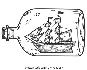 Ship in a bottle. Sketch scratch board imitation. Black and white. Engraving vector illustration.