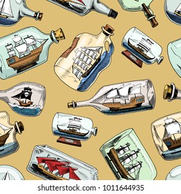Ship in bottle vector boat in miniature gifted sail souvenir in glass sailboat with cork or shipping in flask isolated on the background seamless pattern background