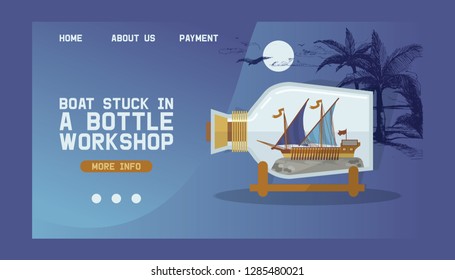 Ship in bottle vector boat in miniature landing web page backdrop traveling sail souvenir in glass sailboat with cork web-page wallpaper travel shipping in flask background web-site ad