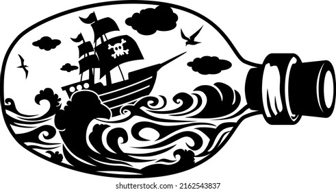 Ship In A Bottle Vector, Sailing Ship Bottle Vector, Ship Silhouette, Boat, Water