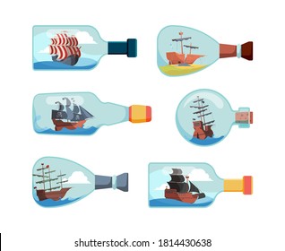 Ship in bottles. Decorative marine souvenir bottles boat vector illustrations