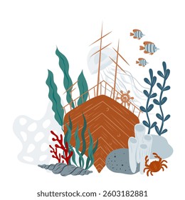 Ship at the bottom of the ocean surrounded by corals, algae, fish. Underwater elements for nursery poster or baby invitations and greeting cards. 