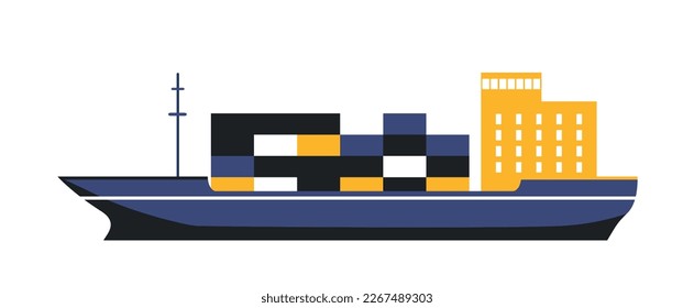 Ship with boxes and containers. International trade, import and export, vehicle. Globalization and business. Merchandise and transportation. Cargo shipping concept. Cartoon flat vector illustration