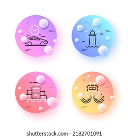 Ship, Boxes pallet and Lighthouse minimal line icons. 3d spheres or balls buttons. Transport insurance icons. For web, application, printing. Vector