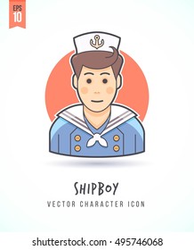 Ship boy crewman sailor young deckhand boy in marine uniform People lifestyle and occupation Colorful and stylish flat vector character icon