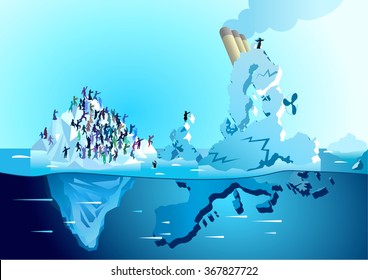 Ship is breaking on the iceberg with refugees. Social problem theme vector illustration.