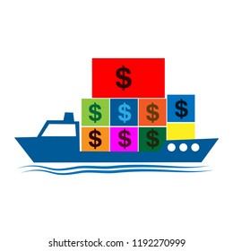 Ship brings an dollar icon. Vector illustration on white background.