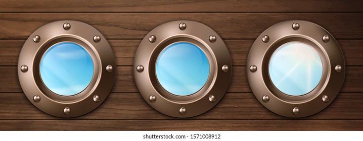 Ship bronze portholes on wooden wall with sky and sun view. Vector realistic shipboard interior with metal brass round windows illuminators with rivets