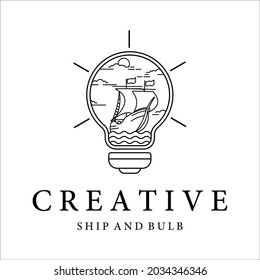 ship and bulb lamp logo line art minimalist simple vector illustration template design. sailboat inside bulb creative concept miniature for shop business