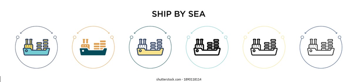 Ship by sea icon in filled, thin line, outline and stroke style. Vector illustration of two colored and black ship by sea vector icons designs can be used for mobile, ui, web