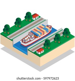 Ship Canal. Isometric. Vector Illustration.