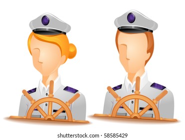 Ship captain avatars wearing a uniform and matching cap with a steering wheel in front - Vector