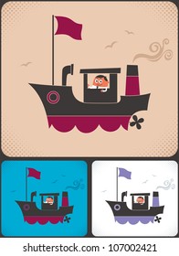 Ship Captain: Cartoon ship and its captain.  No transparency and gradients used.
