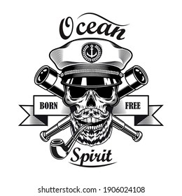 Ship captain emblem design. Monochrome element with skull with smoking pipe in cap crossed bones vector illustration with text. Sailing or navigating concept for labels and badges templates