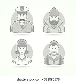 Ship captain, fisherman, nurse and video operator icons. Character, avatar and person illustrations. Flat black and white outlined style.