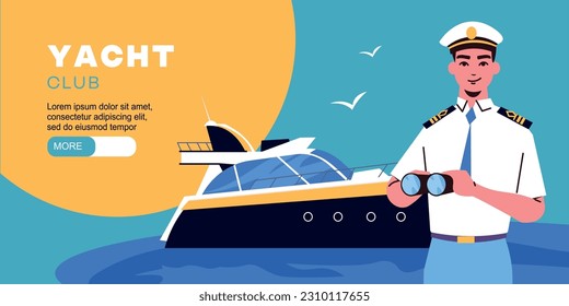 Ship captain flat concept with male officer and yacht on background vector illustration