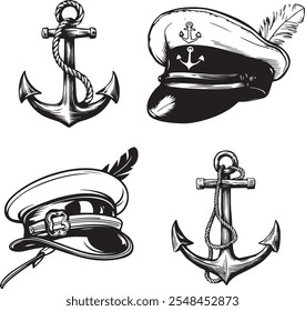 ship captain hat and ship anchor black and white hand drawing