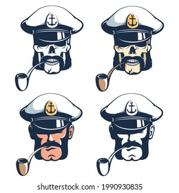 Ship captain head with pipe. Captain skull pirate vector illustration set