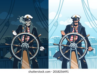 Ship Captain at helm against sea background - vintage poster template. Pirate seaman with skull face. Retro poster.