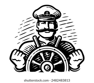 Capitán del barco en la rueda del timón. Vela, emblema de marinero o logotipo. Ilustración vectorial en blanco y negro