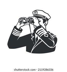 Ship captain looking through binoculars. Design element. Black and white vector illustration.