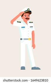 Ship captain military male character saluting. Moustached man sailor wearing white standing on transparent backdrop. Seaman full length avatar portrait. Vector cartoon mariner illustration