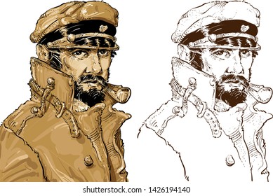 Ship captain with pipe, comic book style vector drawing.