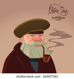 ship captain portrait, cartoon character, pipe, smoke, vector illustration