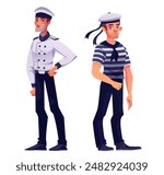 Ship captain and sailor man in white and blue stripped uniform and hat. Cartoon vector illustration set of young male cruise team characters. Nautical boat commander and seafarer people mascot.