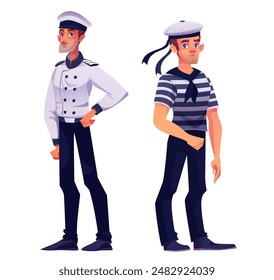 Schiffskapitän und Matrose Mann in weiß und blau gestreifte Uniform und Hut. Cartoon Vektorillustration Set von jungen männlichen Cruise-Team-Figuren. Wasserboot-Kommandant und Seefahrer Menschen Maskottchen.