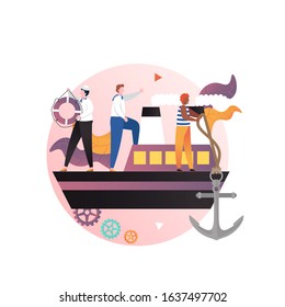 Ship with captain and sailors on deck, vector illustration. Seamen dropping anchor, holding life buoy. Cruise, navigation, maritime, shipping concept for web banner, website page etc.